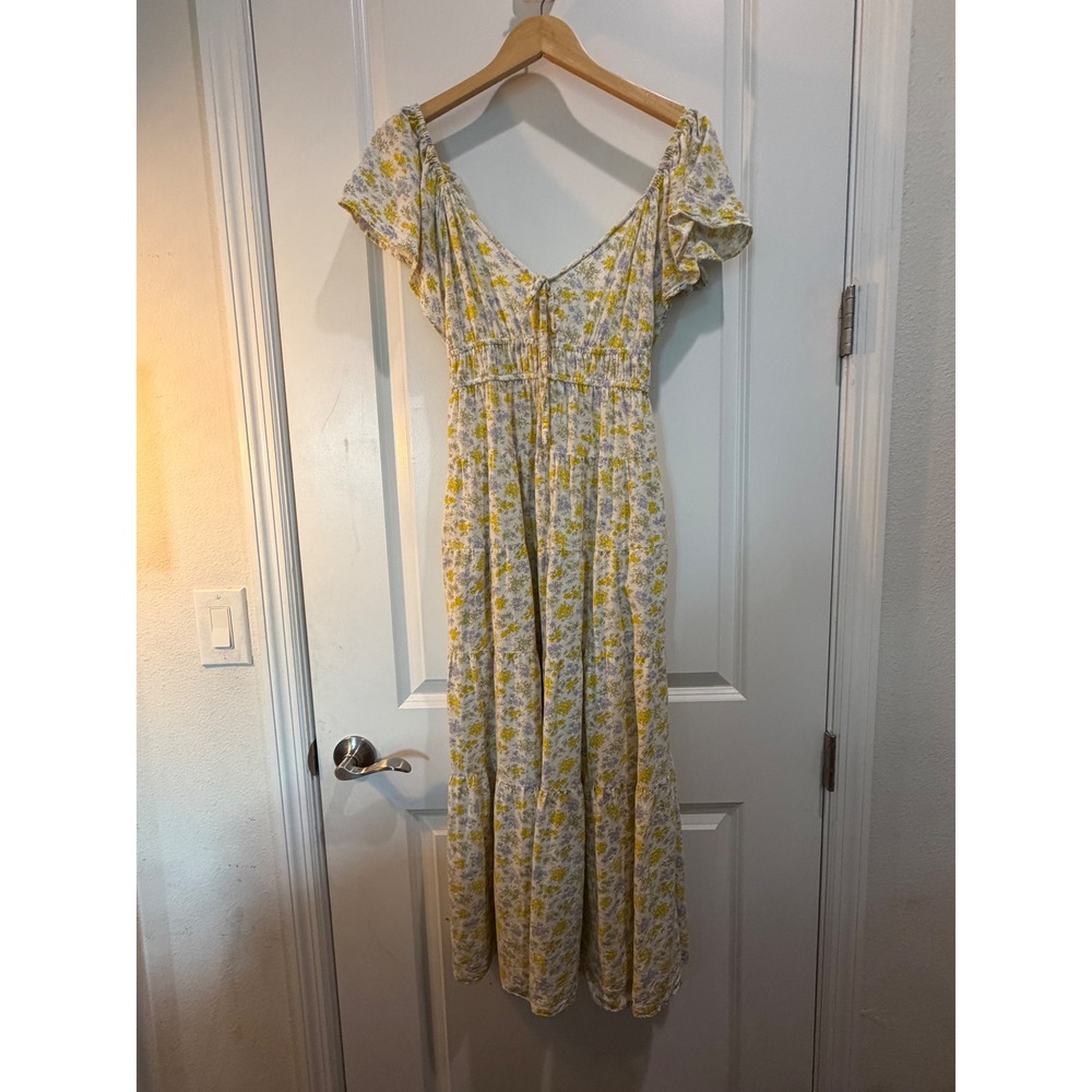 Sim & Sam Floral Midi Dress Small Yellow Lavender Ruffle Sleeve Smocked Tiered
